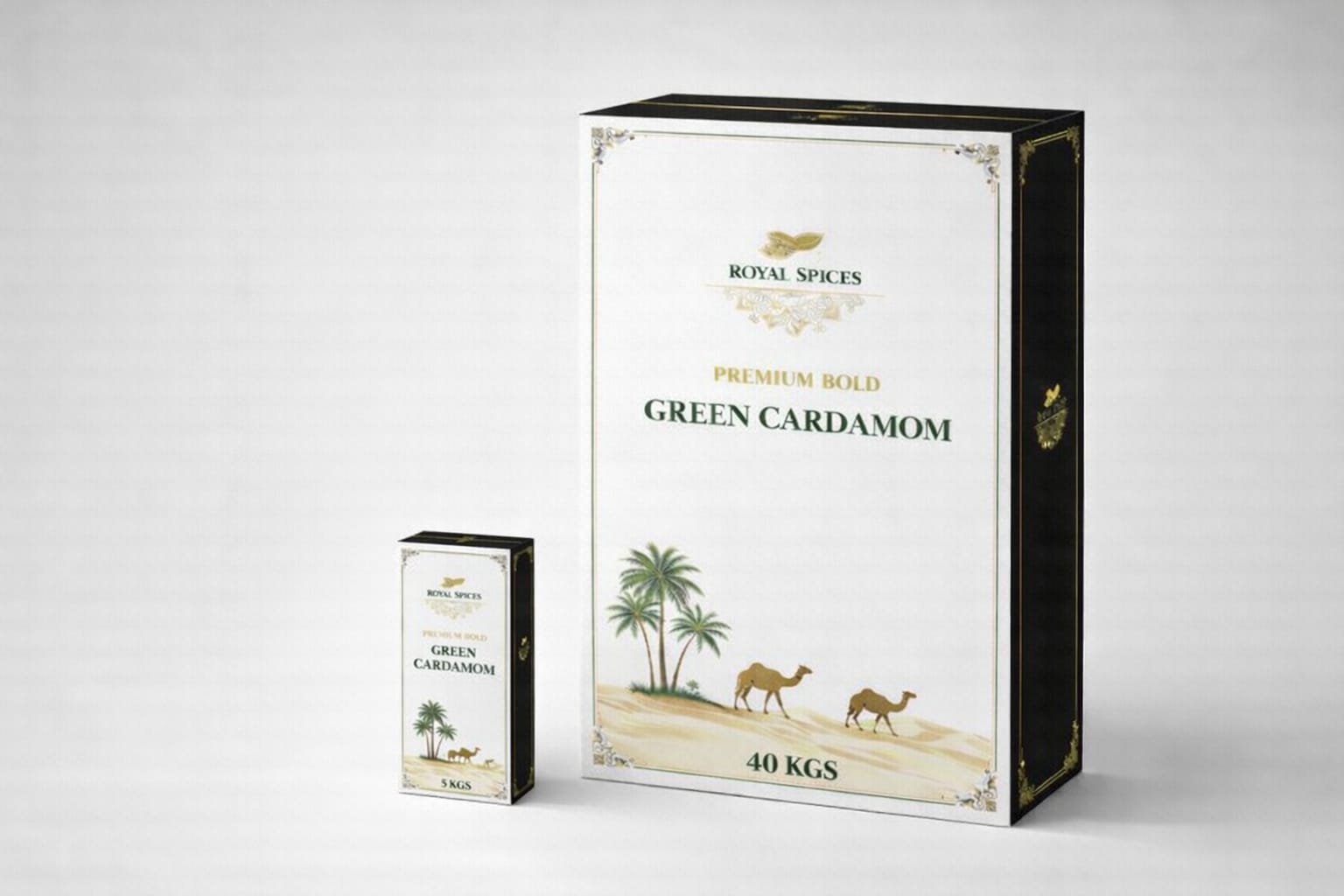 Royal Spices Premium Bold Green Cardamom white box packaging