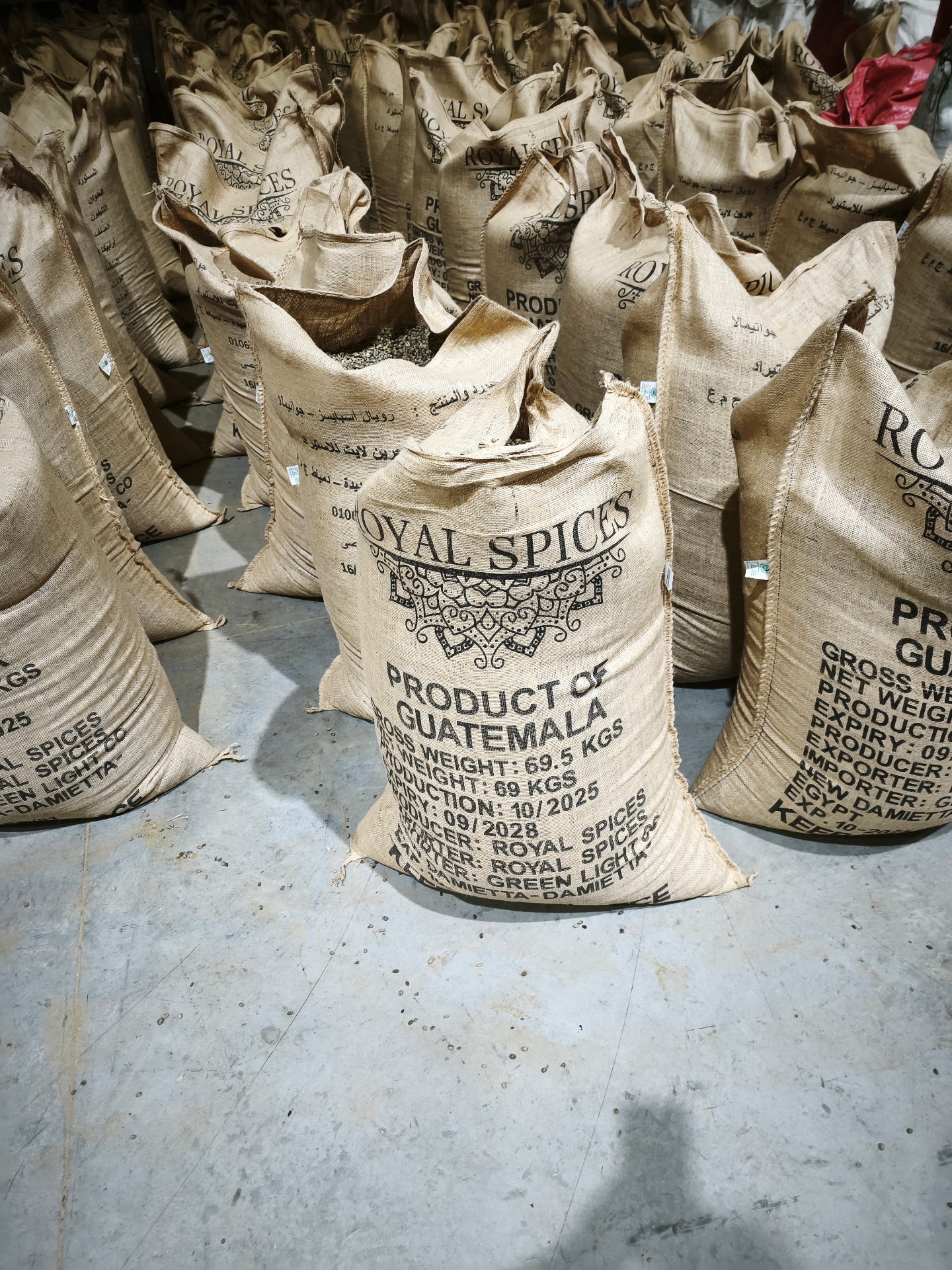 Filled Royal Spices jute sacks ready for export