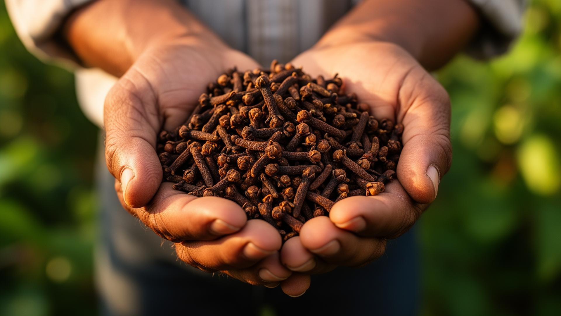 Freshly harvested Guatemalan whole cloves held in farmer's hands