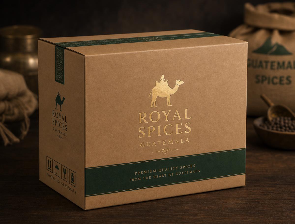 Royal Spices Guatemala export sample box with gold camel logo
